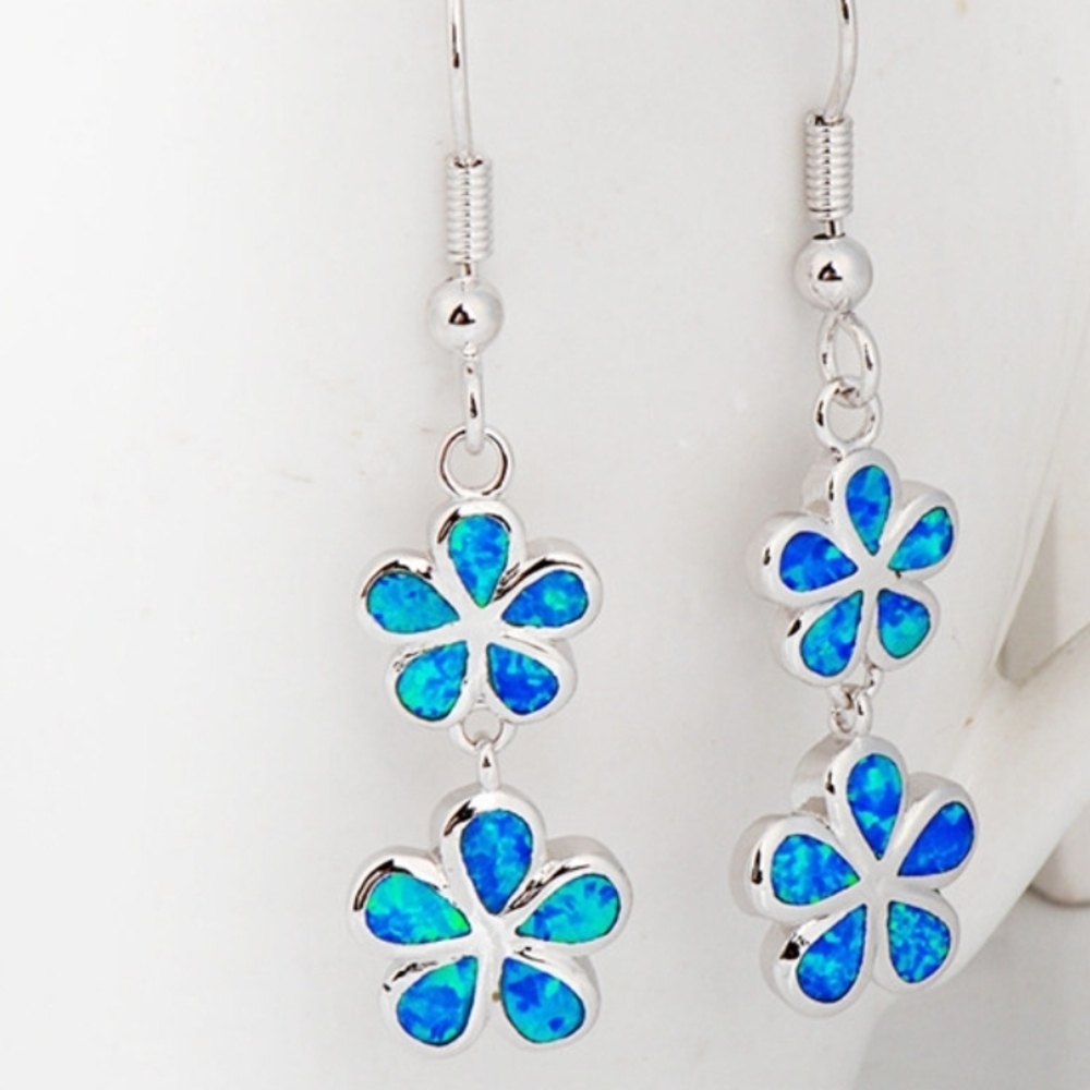 Silver Blue Opal Flower Earrings